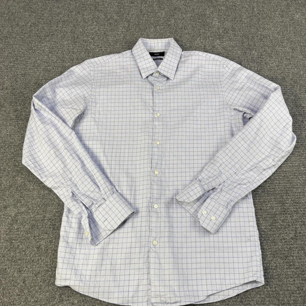 Hugo Boss Shirt Mens 15.5 34/35 Blue Regular Check Button Front Dress